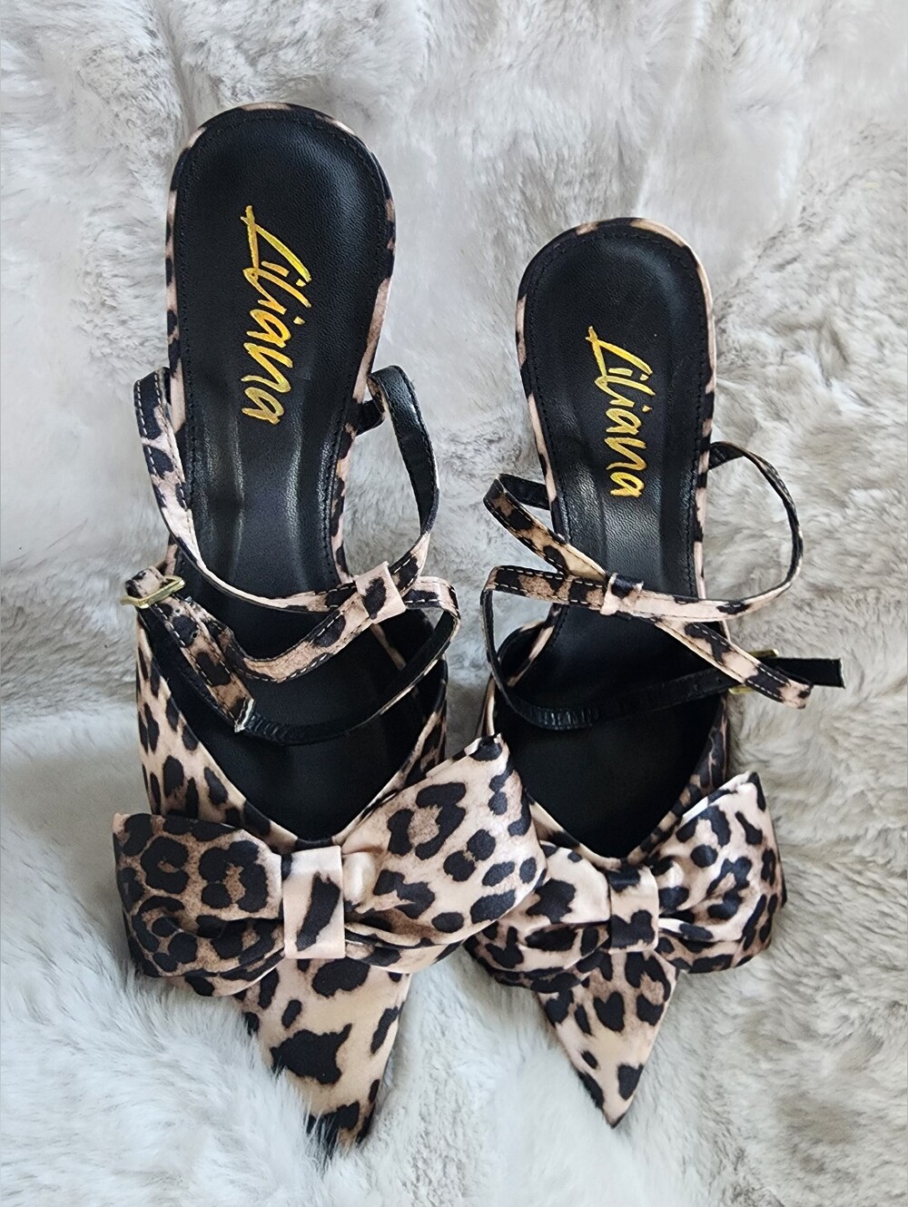 Leopard Print Pointed Toe Ankle Strap Heels - Black/Tan SIZE 10